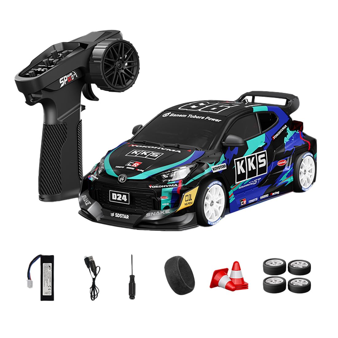 NULA 1:24 RC Drift Car, D24 RTR Full Proportional 4WD High Speed Remote Control Car with Gyro, Dual Drift Racing Tires, LED Light Effects for Adults- (S4 Blue Finish / D24-04)