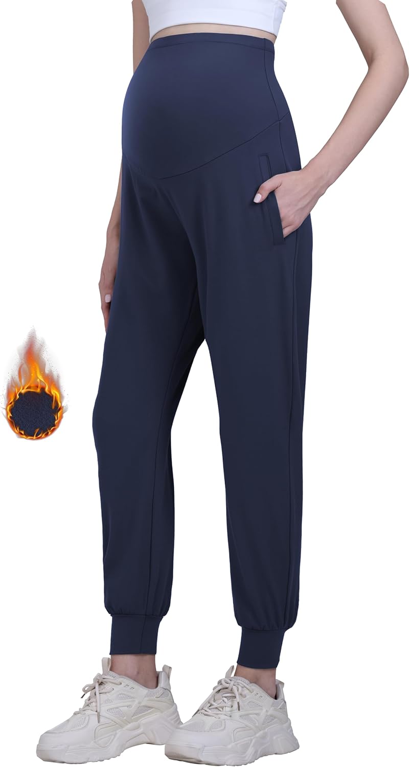 Maternity Joggers Fleece Lined Maternity Sweatpants Stretchy Workout Casual Pregnancy Pants with Pockets