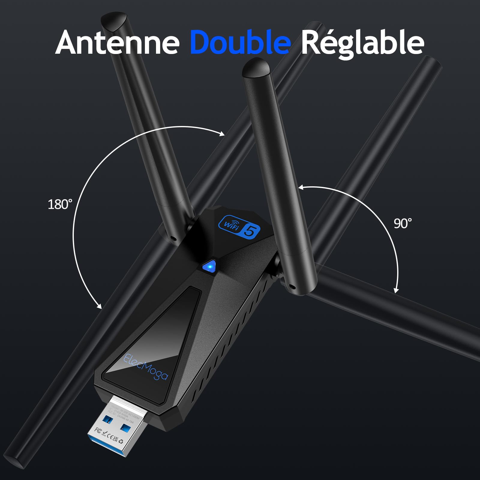 ElecMoga Clé WiFi 1300Mbps USB 3.0 Dual Band 2.4GHz/5GHz Antenne 2x5dBi Compatible Windows 11/10/8/7/Vista/XP Mac Linux
