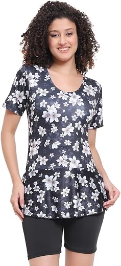 LEBAMI Spandex Solid Swimming Costume for Women Frock Style Swim Dress for Girls [Half Sleeves - Half Length Style - with ...