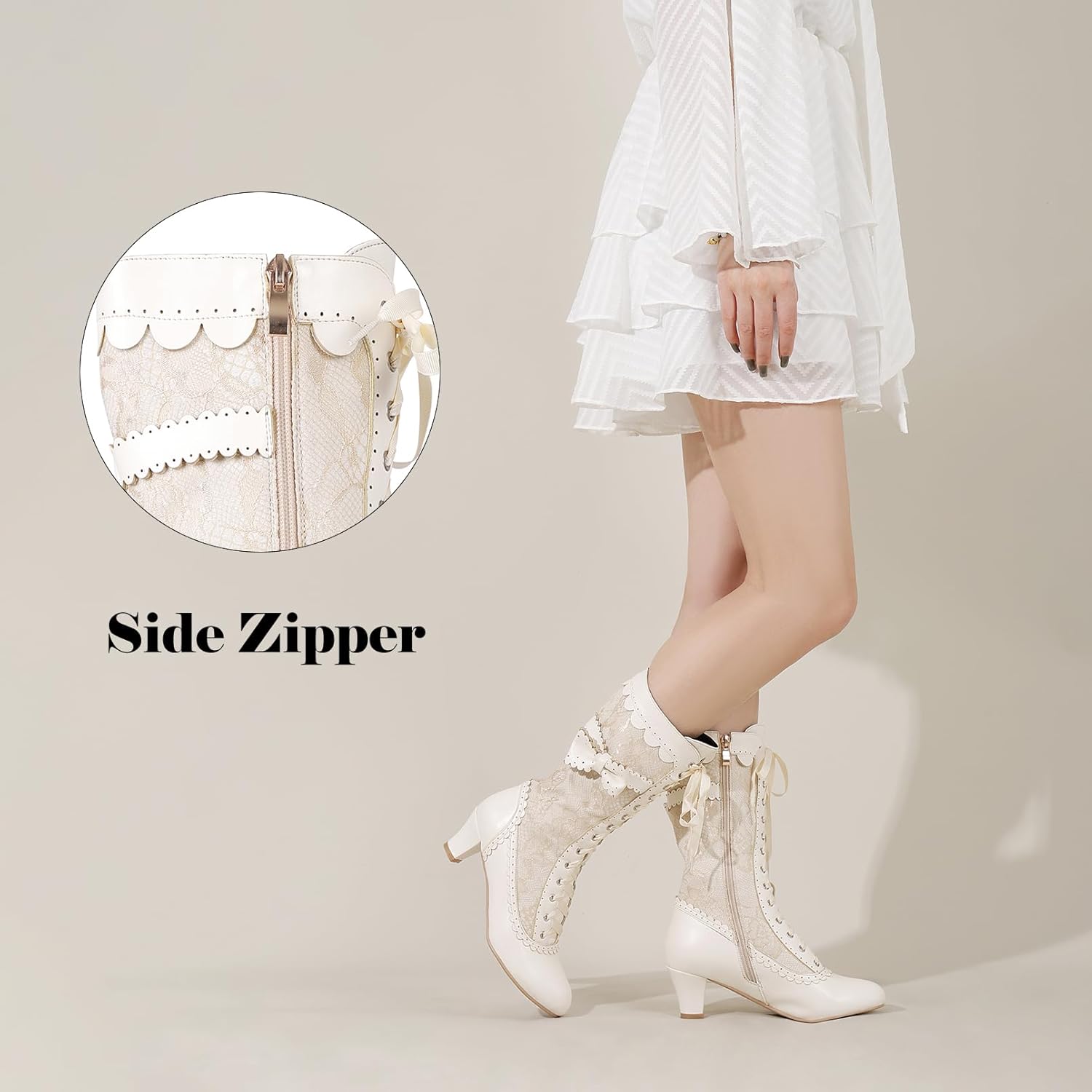 Women Vintage Victorian Boots Lace Bridal Brides Wedding Boots Mid Calf Zipper Costume Renaissance Mid Heel Dress Boots - Image 6