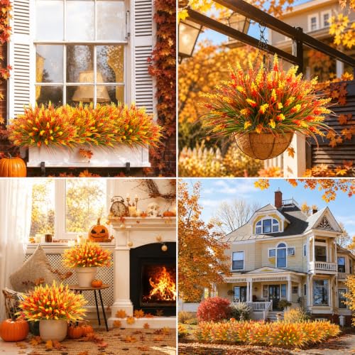 Image of Bassion 24 Bundles Fake Lavender Artificial Fall Mums Flowers for Outdoors | UV resistant, plastic flowers, faux lavender with monkey grass, porch garden planters window box autumn home decorations