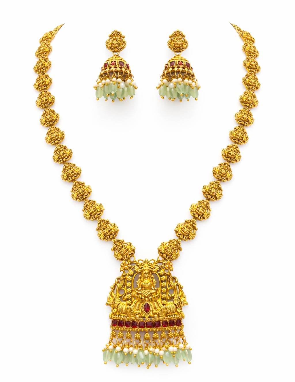 Traditional Gold Plated South Indian Temple Jewellery Set for Women | Matte Finish Long Haram Necklace with Divine Lakshmi Pendant, Ruby Stones & Pearl Drops | Matching Jhumka Earrings | Ideal for Bridal, Wedding & Festive-image-19