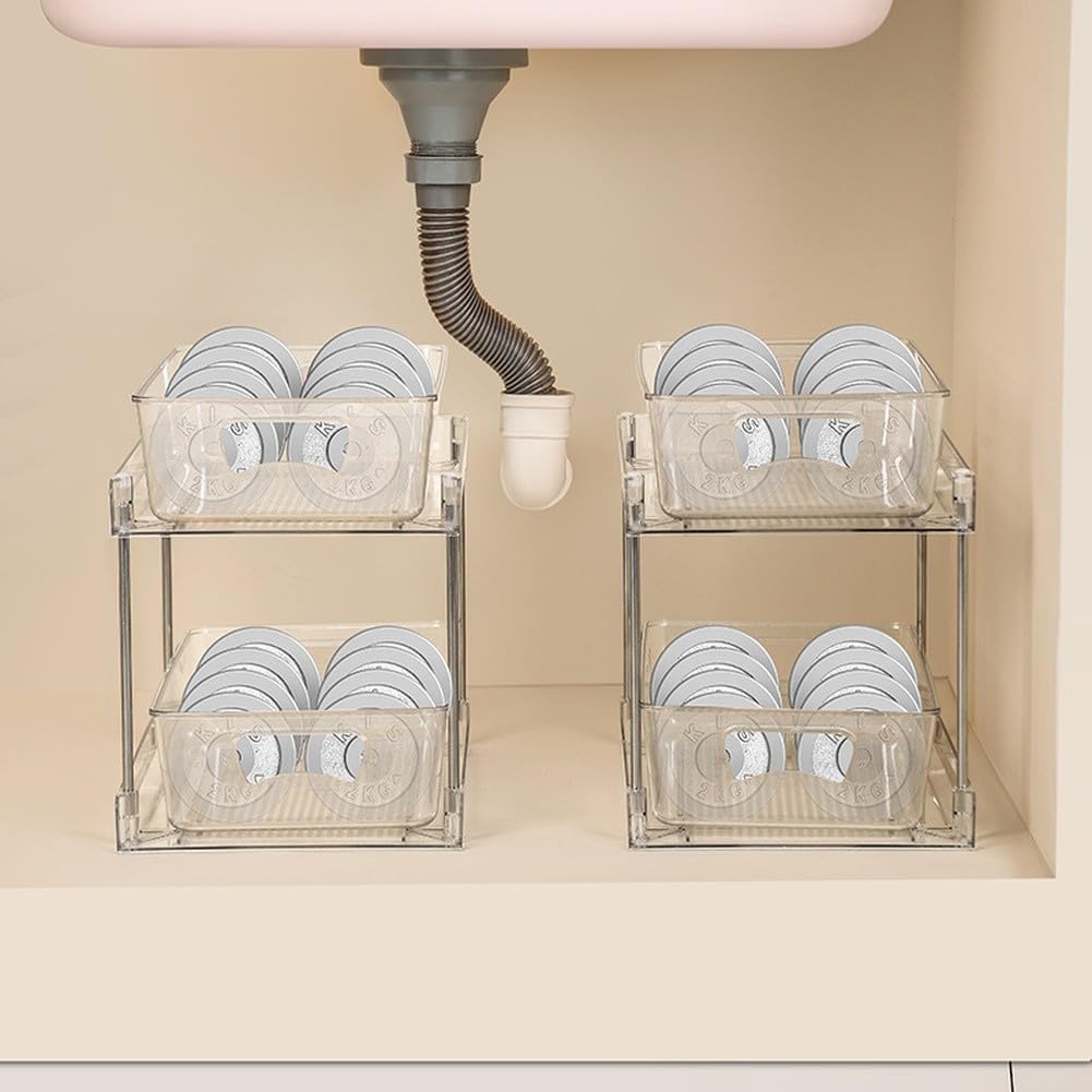 Estante extraíble de plástico para debajo del fregadero con tres niveles para organizar botellas, latas, utensilios y artículos de tocador en espacios reducidos (E)