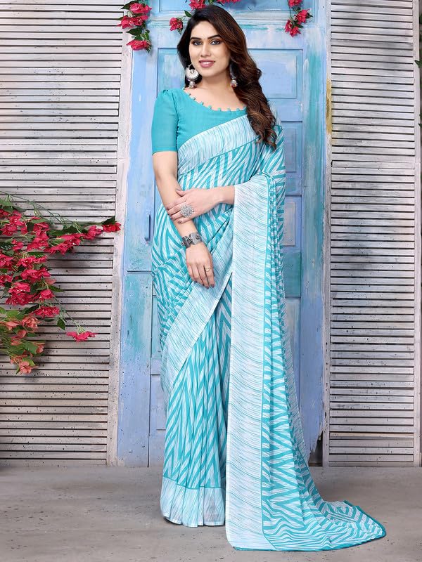 Satrani Women's Geoegette Saree With Unstitched Blouse Piece Combo Pack Of 3 (3201S2291N_3112S2156N_3201S2294N_Turquoise | Brown | Pink)