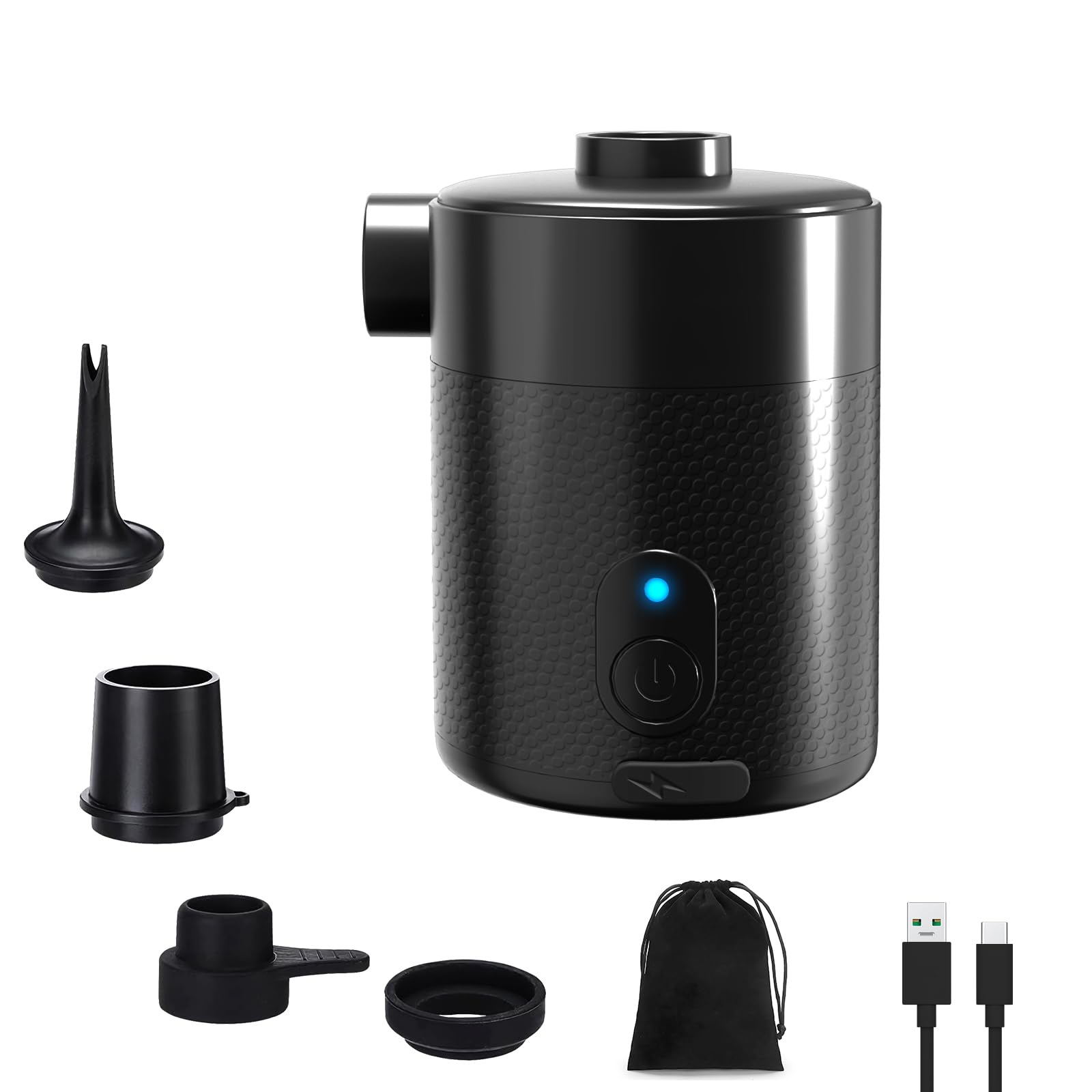 Mojimdo 2 en 1 Mini Bomba De Aire Eléctrica Batería 4000 mAh – Portátil, 5000 Pa, 450 L/Min, Inflar Y Aspirar, 4 Boquillas para Colchón Inflable, Bote Hinchable, Camping, Piscina Y Bolsas De Vacío