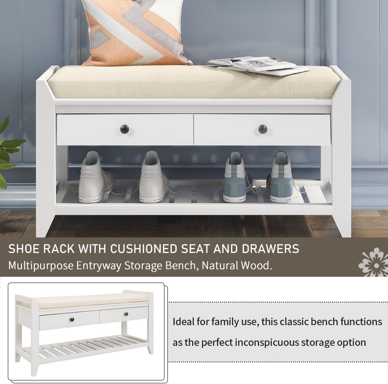 Shoe Rack Bench, Long Shoe Storage Bench with 2 Drawers and Bottom Shelf, Multipurpose Entryway Bench with Removable Cushion and Solid Wood Legs for Living Room, Hallway, Bedroom, White