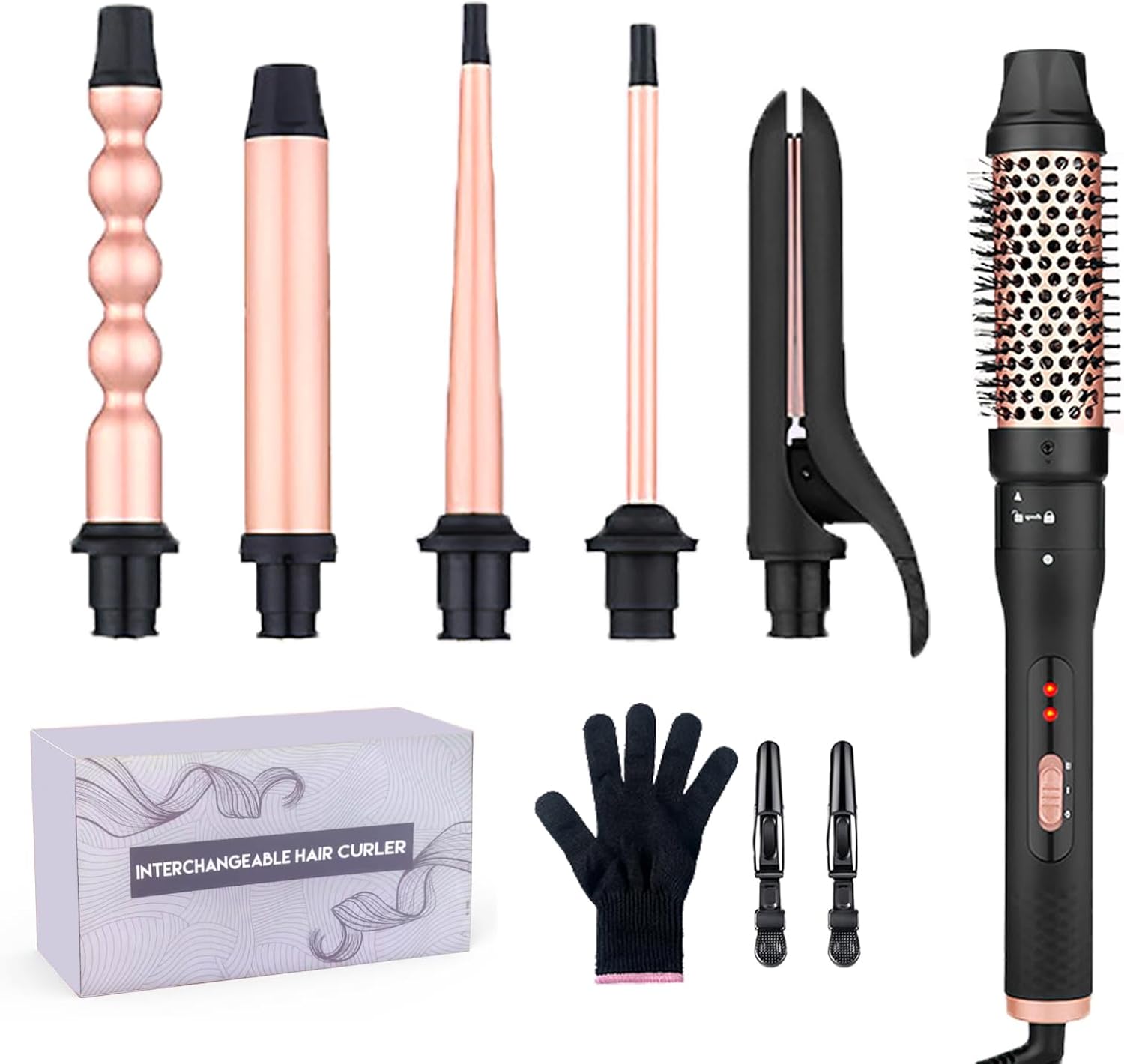 6-in-1 Hair Curler & Straightener Set – Professional Curling Wand, Flat Iron, Styling Iron for Waves, Curls & Straight Hair, with Heat Protective Glove & 2 Clips