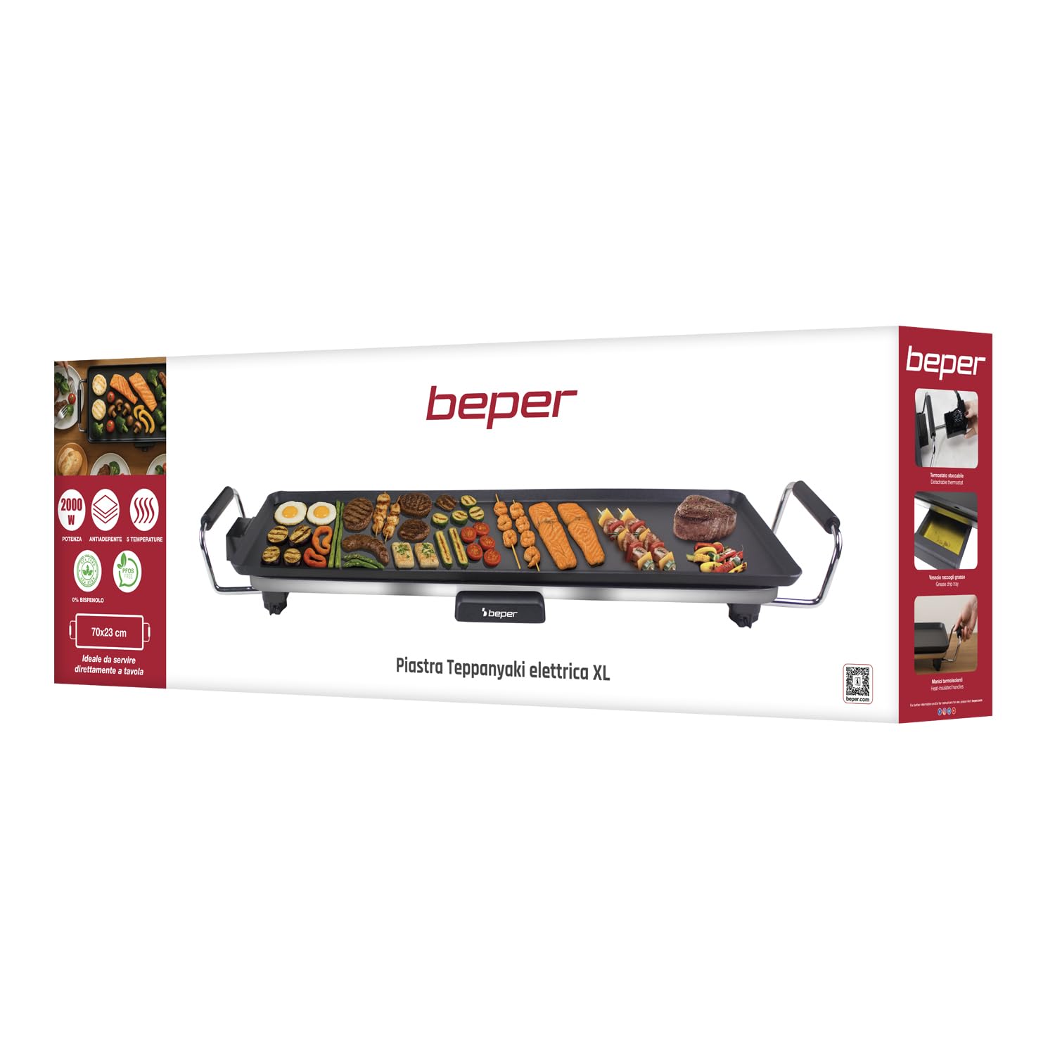 BEPER P101BBQ070 Elektryczny grill teppanyaki XL 70x23 cm, z powłoką nieprzywierającą, regulowanym termostatem, uchwytami termoizolacyjnymi, 2000 W, bez BPA i PFOS