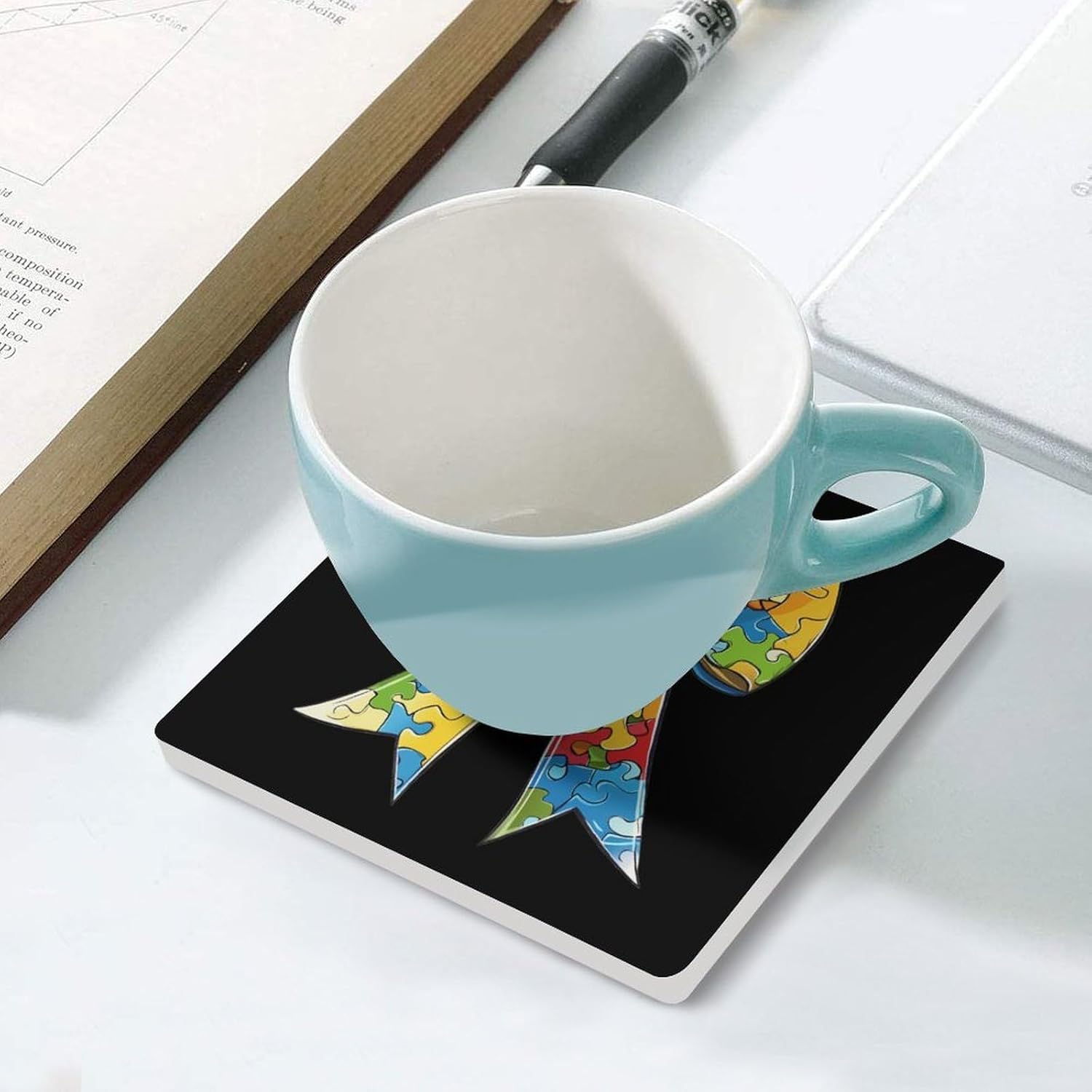 Autism Awareness Bow Funny Ceramic Coasters for Drink Absorbent Cup Holders Tabletop Protection