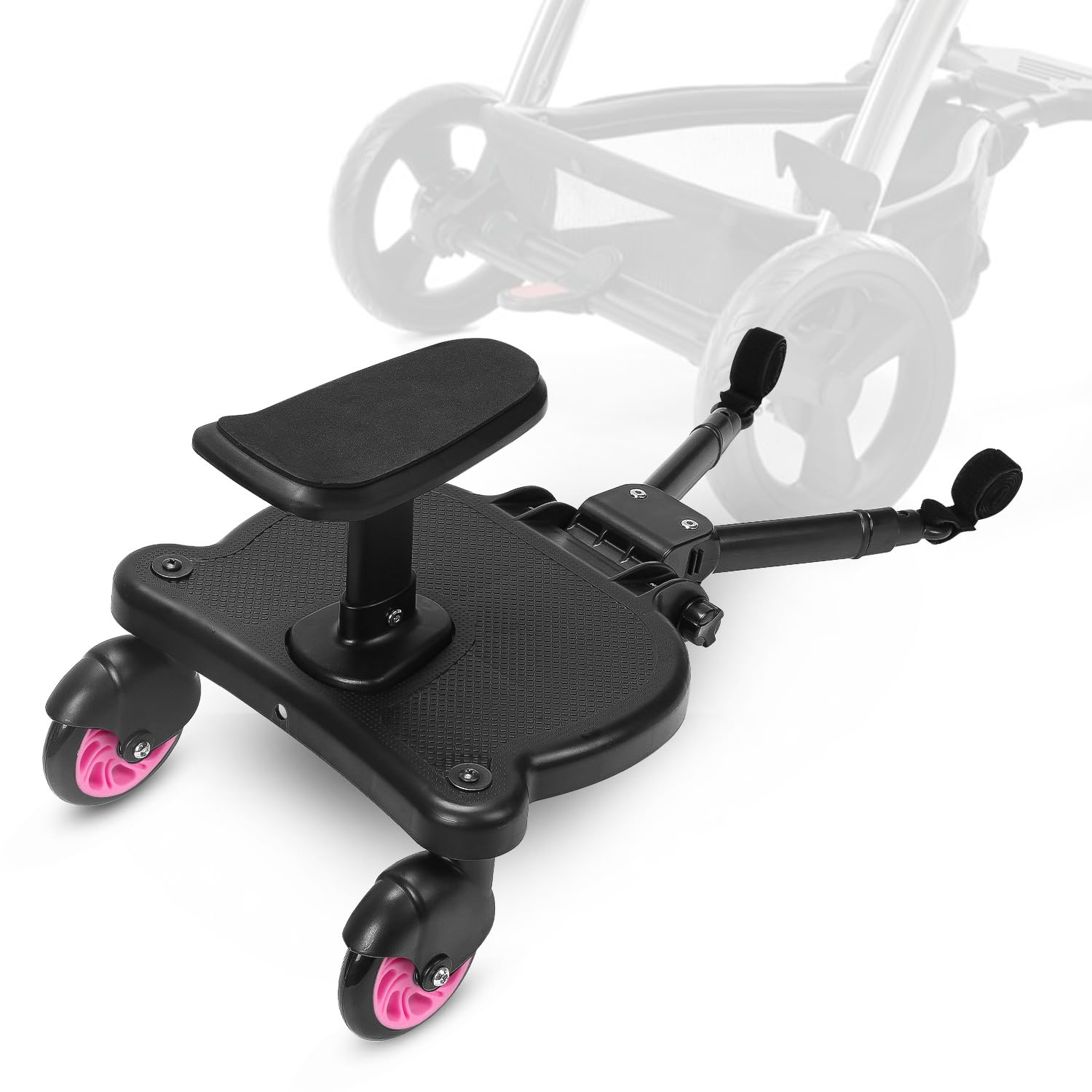 Kiddy Board per passeggino con sedile, pedana universale con sedile rimovibile, doppia ruota a 360 gradi, regolabile, fino a 25 kg, rosa