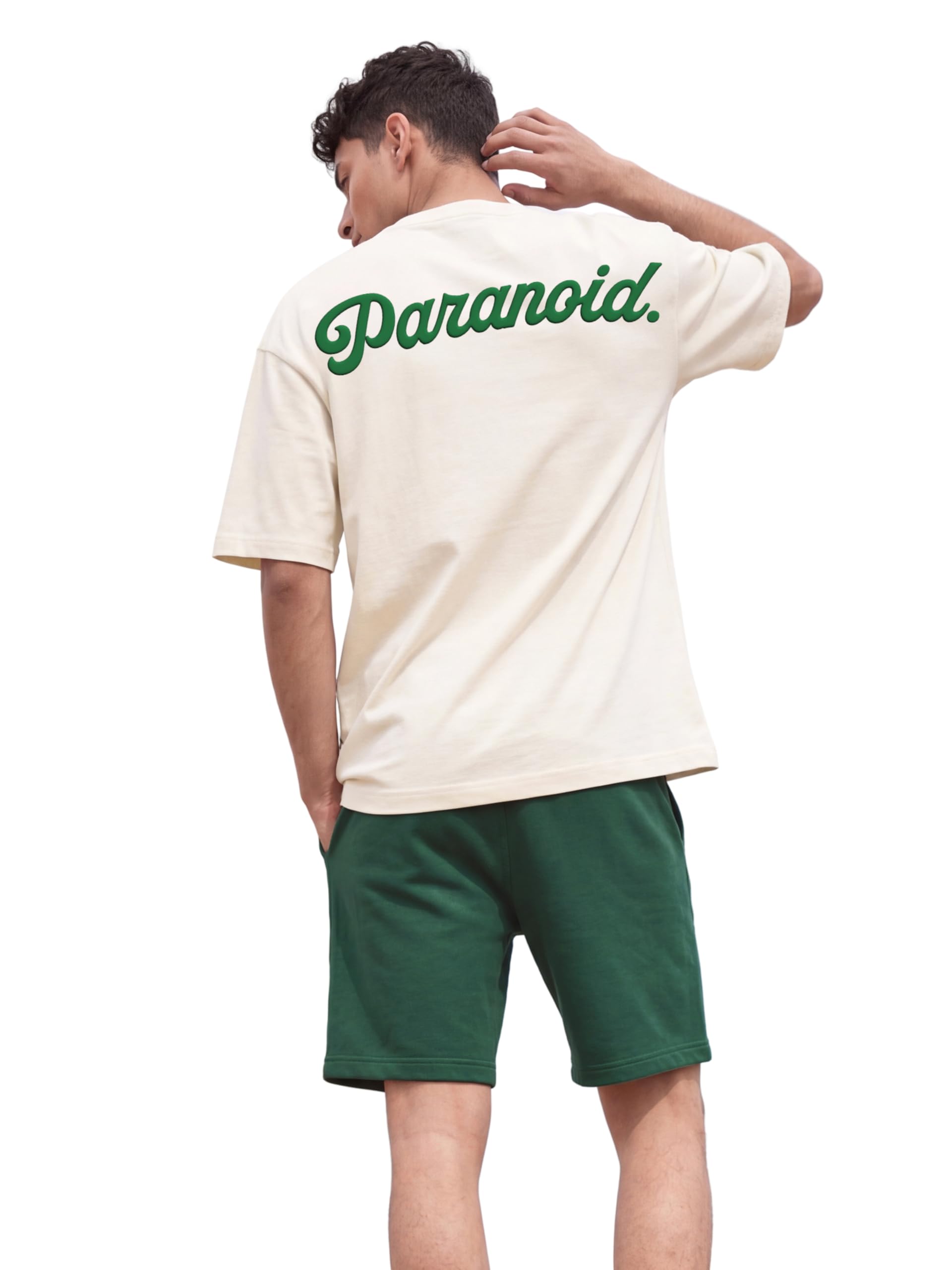 fflirtygo Men's AirEase Summer Coord Set | Paranoid | 240 GSM Cotton Terry Oversized T-Shirt & Shorts | 2 Deep Pockets | S to 6XL | Off White, M-picture-30