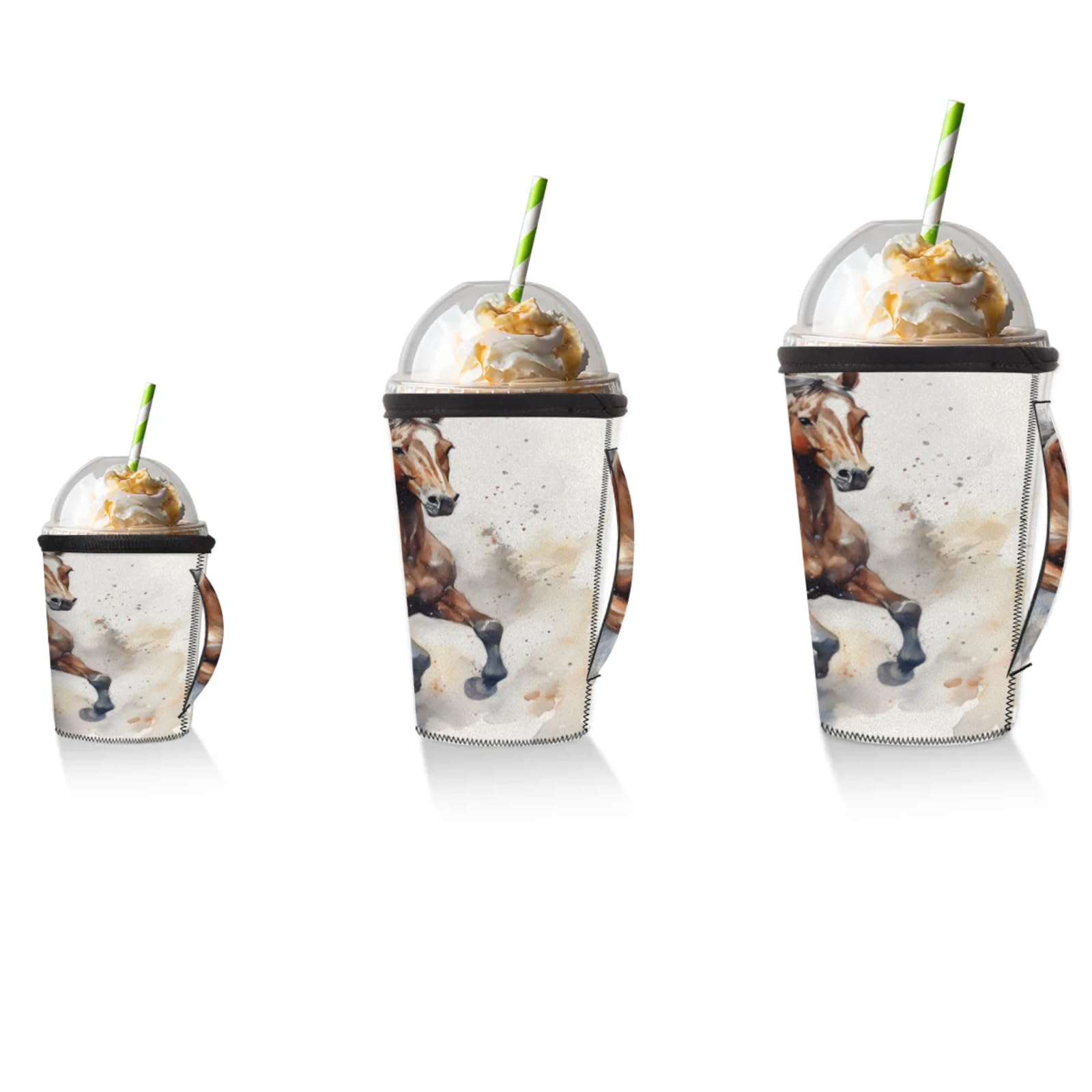 Running Watercolor Horse Reusable Neoprene Coffee Sleeve with Handle Insulated Iced Coffee Cup Holder Reduces Condensation Fits 24-28 oz Cups M