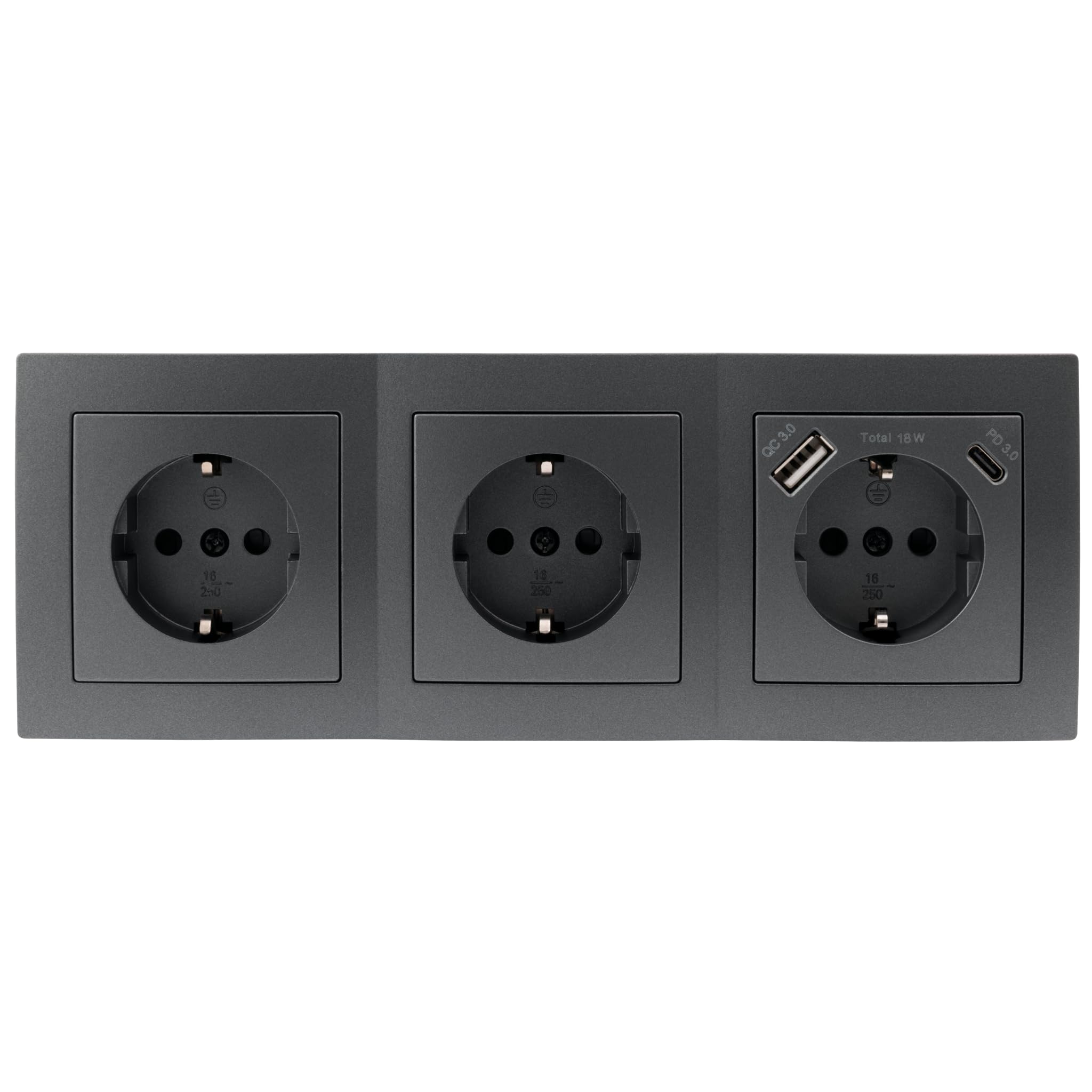 Steckdosenblock 3-Fach & USB-A & USB-C anthrazit für Küche und Büro - hochwertige Steckdose Steckdosenleiste Ecksteckdose Tischsteckdose Unterbausteckdose Aufbausteckdose 15cm Kabel Möbelsteckdose