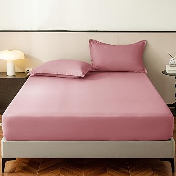 Soft Fitted Sheet Single Double Queen King Bed Sheet Fitted Sheets Deep Pocket 30 Cm, with Elastic Corners, Lightweight, Cotton, Easy Care, Washable2XPillowcase48X74cm,A