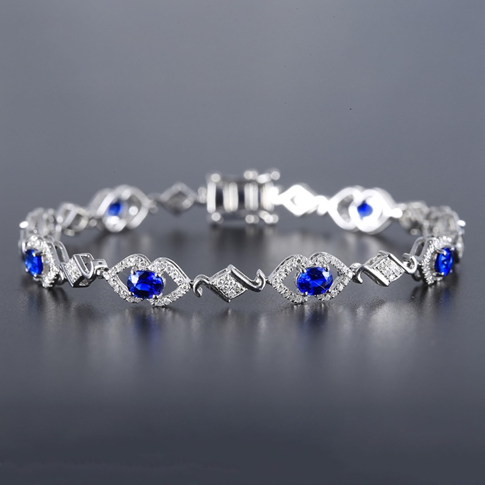 Bracciale Oro Bianco Donna 18k/14k/9k, Bracciale con Zaffiro 2.46ct 16-20 cm con Diamante, Braccialetti Sposa Fidanzati