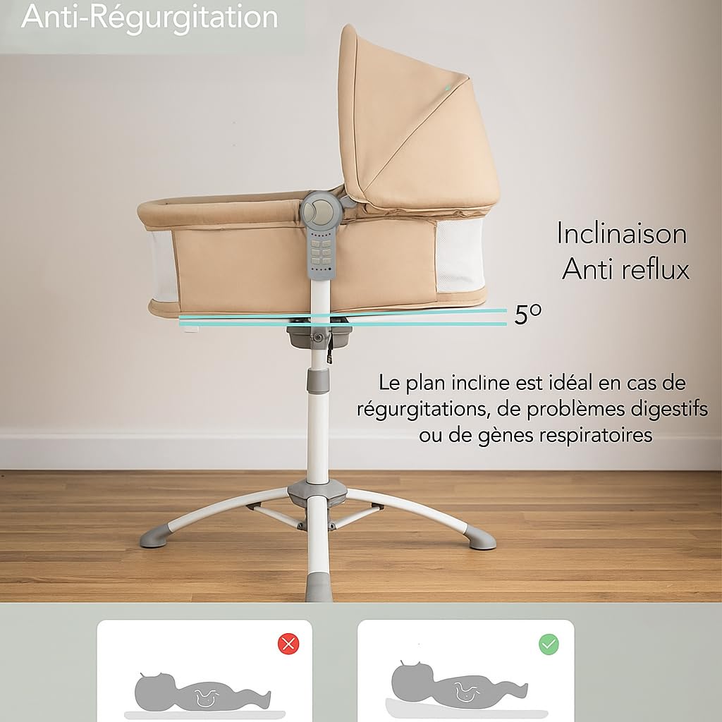 BEBE2LUXE 4 en 1 Multifonction Balancelle électrique, Berceau réglable, Chaise Haute et Transat (0‑15 kg), Harnais 5 PTS, réglage Hauteur/Dossier, 6 Vitesses + Vibration, USB/MP3, télécommande (Gris)