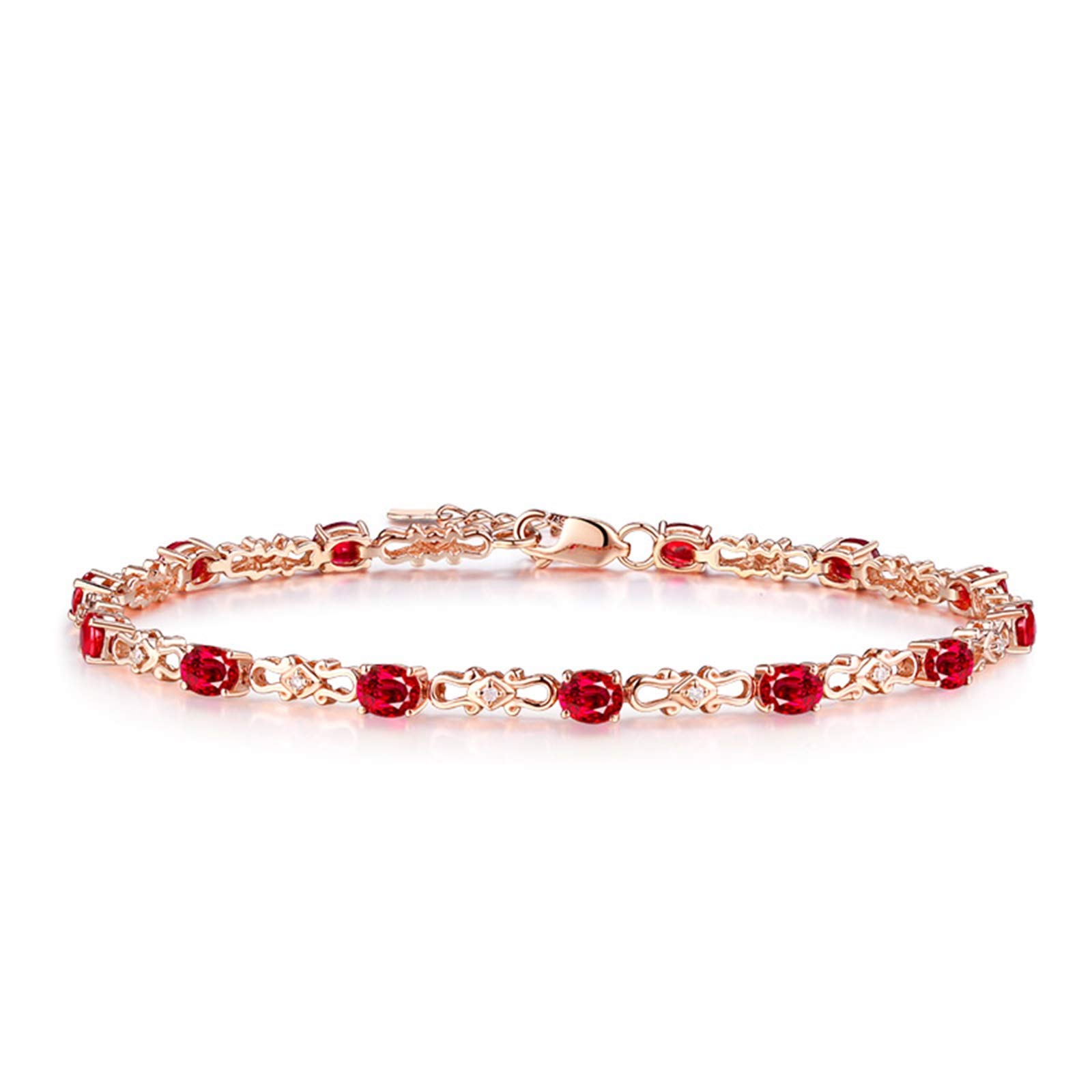 ZH1YFD Pulsera de Cadena de rubíes de Oro Rosa, Pulseras de Mujer con eslabones de Barra y Pulsera de rubí de 2,6 Quilates de 17 CM
