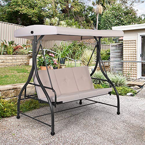 Tangkula 3 Seats Converting Patio Swing, Outdoor Porch Garden Canopy Swing With Comfortable Cushion Seats & Adjustable Tilt Canopy, Heavy Duty Hammock 3 Persons Porch Swing (Beige) #TOP2