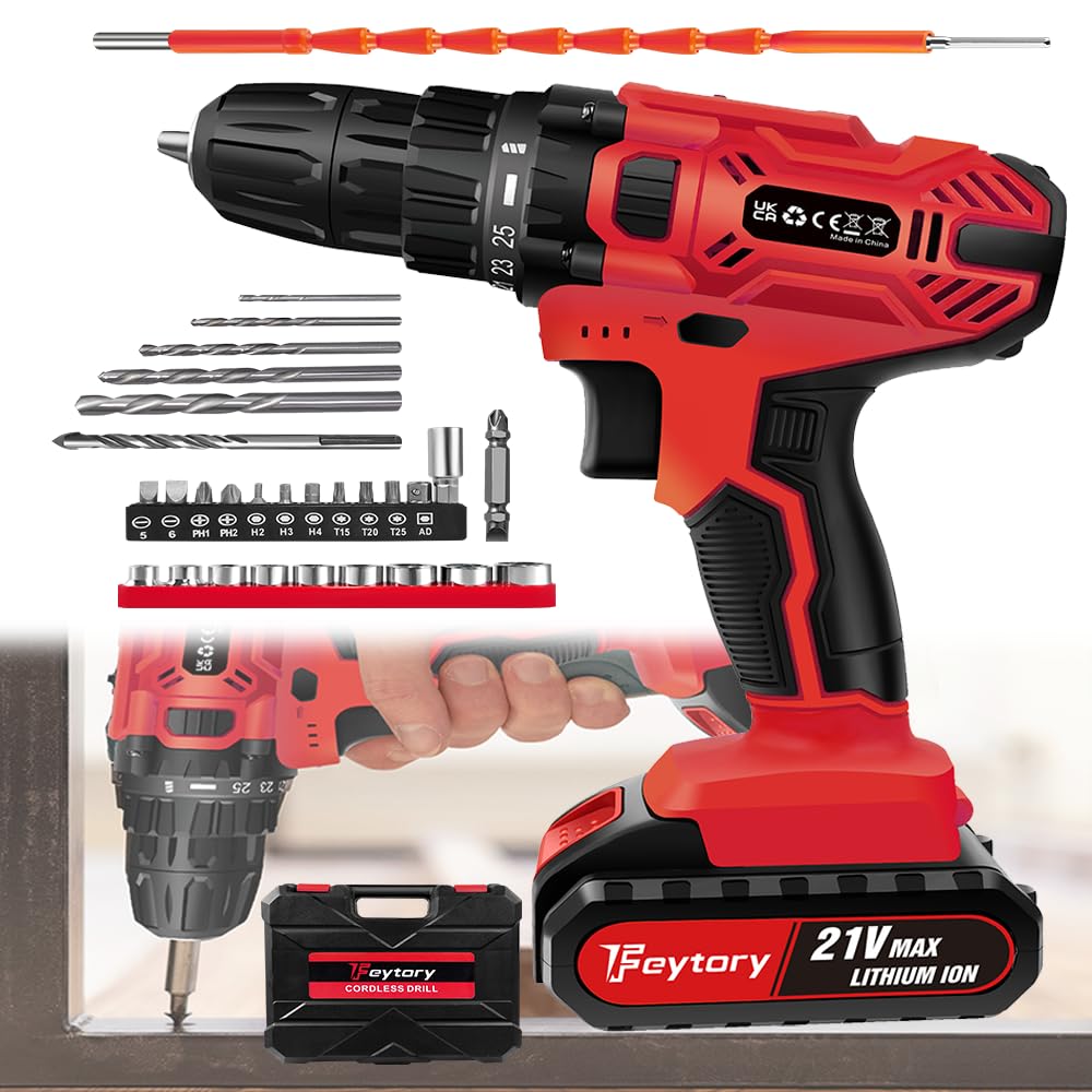 Electric Drill 21V Max Power Drill Impact Driver Red, 29 Accessories Cordless Drills, 45 N.m Max Combi Drill, 3/8" Chuck Power Drill Drivers, 1500mAh Li-Ion Battery Drill with 25+1 Torque, LED Light — image 1