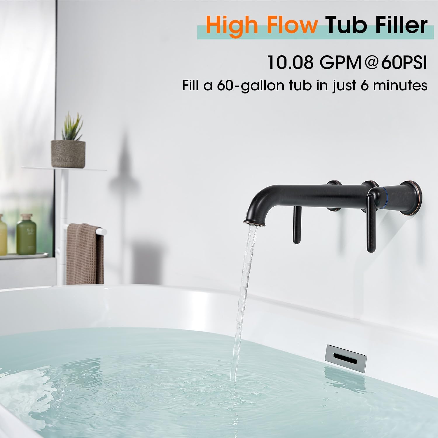 Wall Mount Tub Filler, 10.33" Extra Long Spout With Rough-in Valve, 10.08 GPM High Flow 2-Handle Faucet, Wall Mounted Bathtub Set, Brass Roman Bath Faucet, Oil Rubbed Bronze