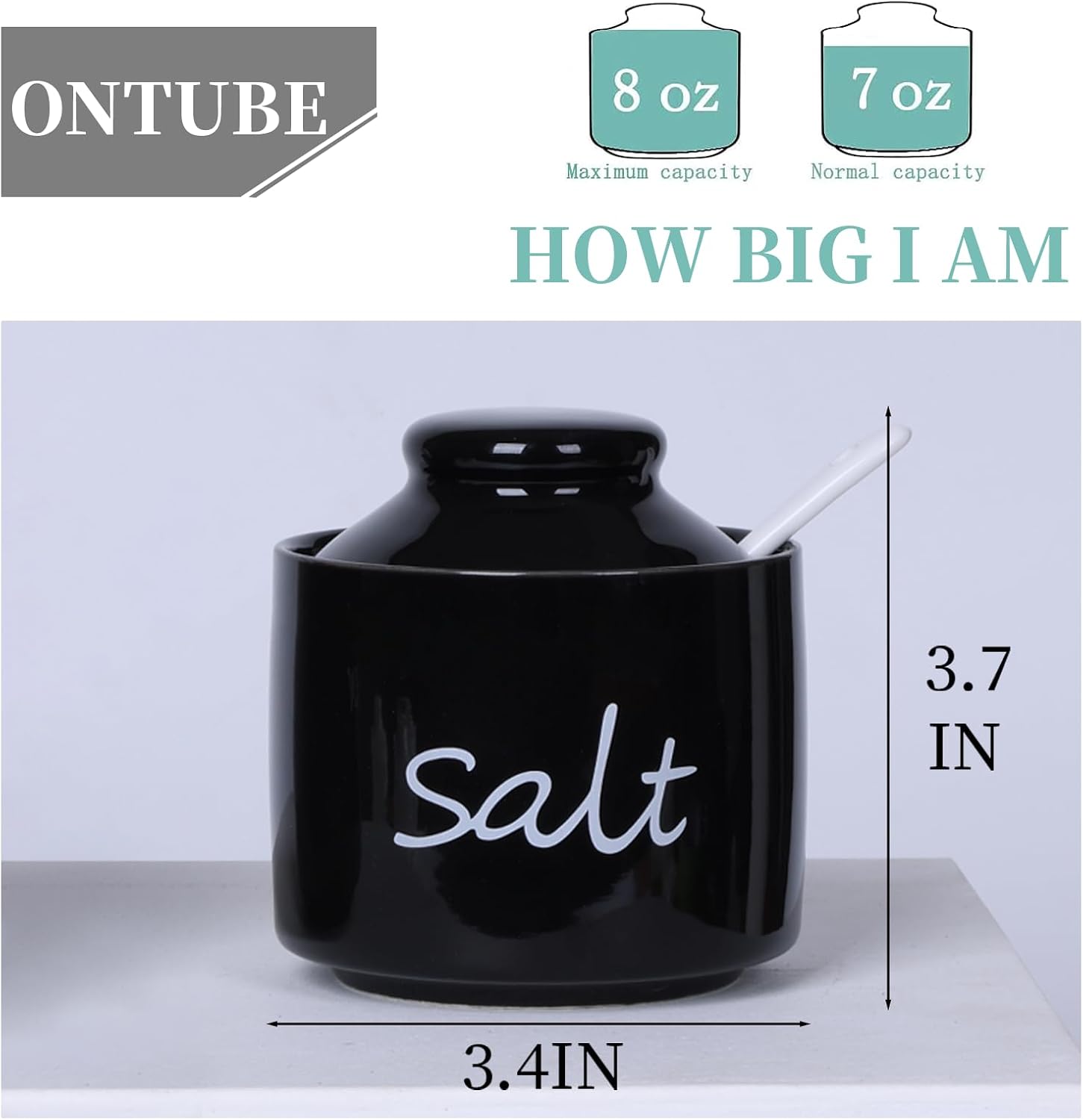 ONTUBE Farmhouse 8oz Salt Bowls with Lid and Spoon, Ceramics Condiment Pots, Seasoning Jar Spice Container for Kitchen, Dishwasher Safe (Black)