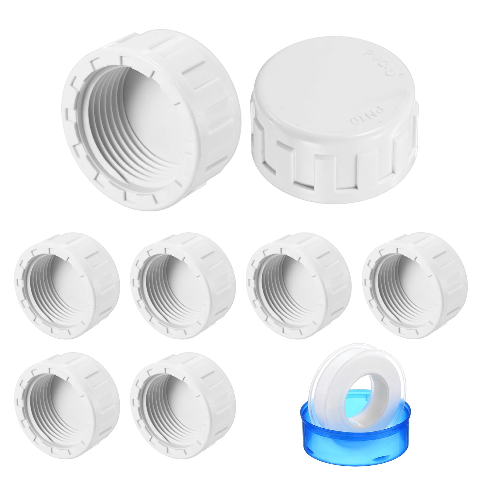 M METERXITY 8-Pack 1 Inch PVC Pipe End Cap Plug Adapter, Female Thread Water End Cap Connector with Sealing Tape for Yard/Watering Irrigation Systems, Inner Teeth End Pipe Plugs [White]