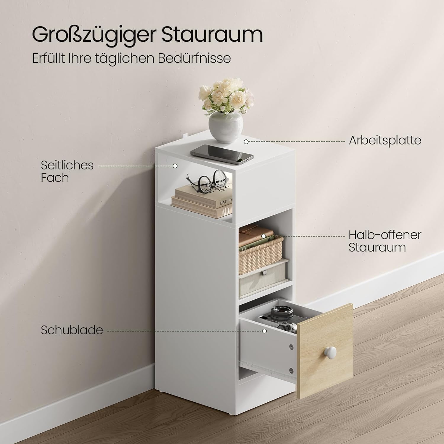 EUGAD Nachttische 2er Set, schmal, Beistelltisch mit 2 offenen Ablagen und 1 Schublade, 25x66x30 cm, Nachtschrank im Schlafzimmer, Nachtkästchen aus Holzwerkstoff, Weiß Eiche, 0011CTG-2