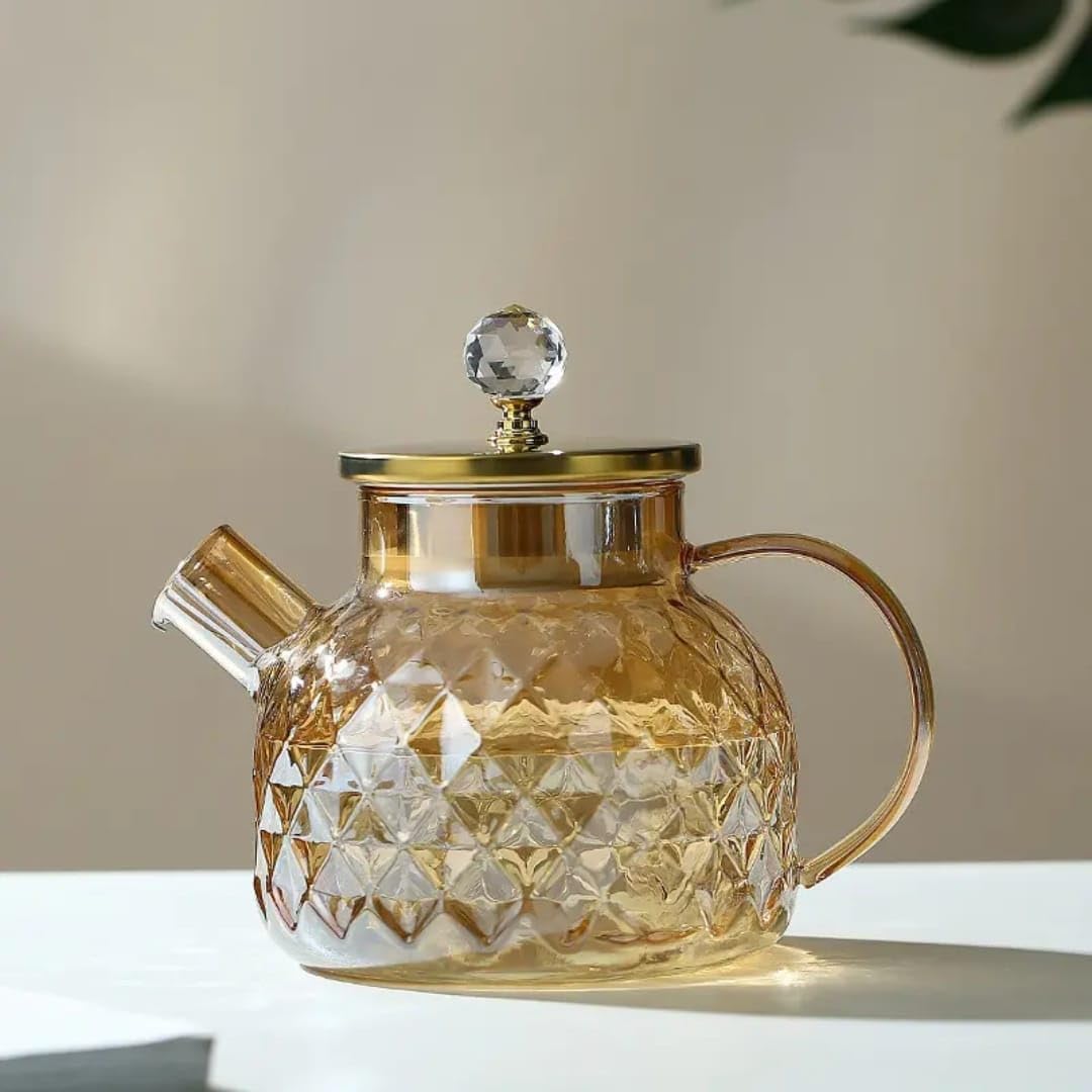 GLASSAURA Golden Glass Diamond Teapot Kettle – 1000 ML | Crystal Glass Tea & Coffee Maker with Lid & Strainer | Elegant Gold Colour Loose Leaf Teapot (Set of 1)-image-39