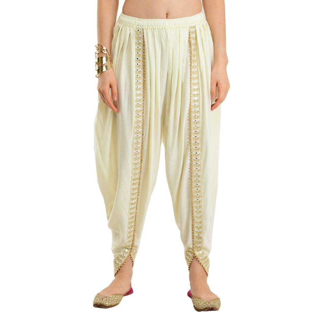 GenericS R Collection Women/Girls Cotton/Rayon Solid Full Length Lace Loose Fit Plain Dhoti Pant/Salwar/Patiala (W-Cream)