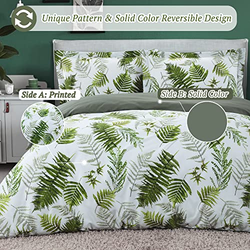 MILDLY 100% Long-Staple Cotton Duvet Cover Set King Size Green Palm Leaf Printed Luxury Comforter Cover Set Reversible Tropical Ultra Soft