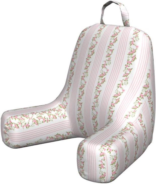 Lunarable Floral Reading Pillow Cover, English Flower Pattern with Stripes Romantic Spring Garden Theme Feminine, Unstuffed Printed Bed Rest Case from Soft Fabric, XL Size, Pale Pink Green White