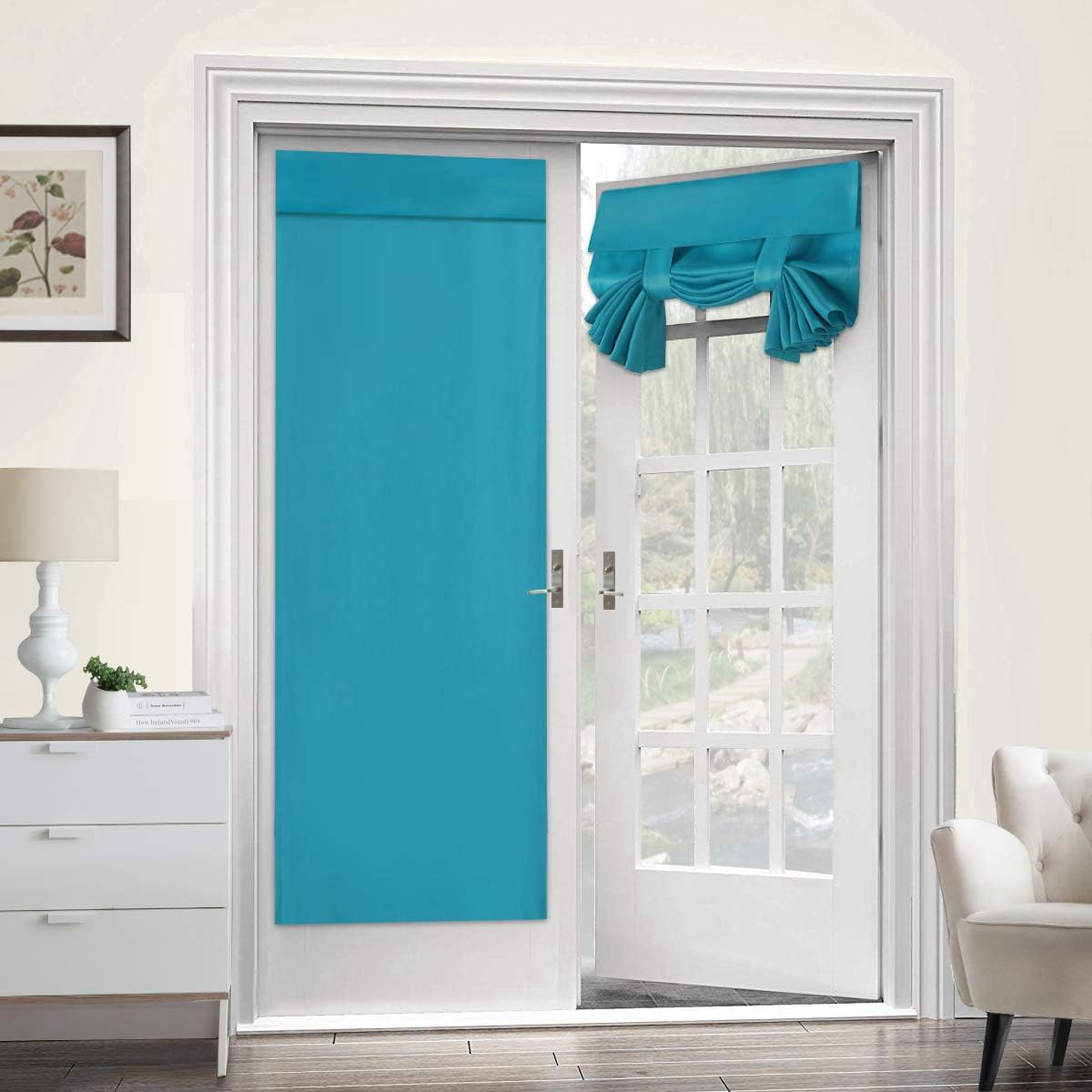 Turquoize Blackout Curtains for French Door Thermal Insulated Tricia Window Curtains for Patio Door Self Stick Tie Up Shade Front Door Sidelight Curtains Double Door Blind, W26 x L68, 2 Panels, Teal