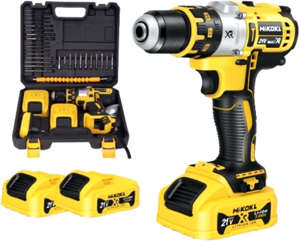 HIKOKL 21V Impact Drill and Screwdriver with two batteries and carrying case.