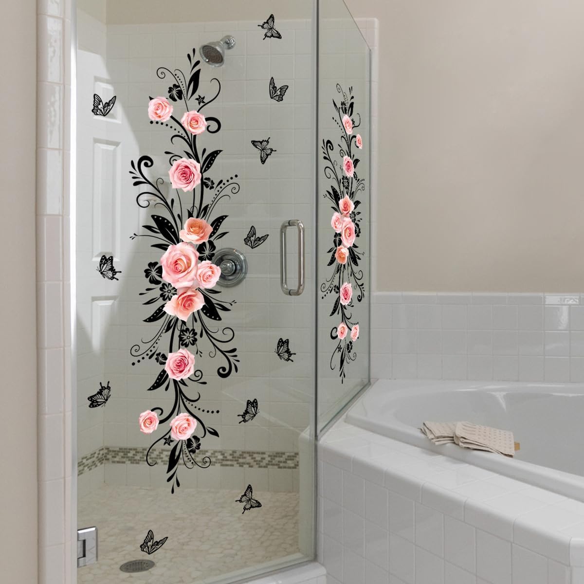 Runtoo Flower Vine Window Cling Decals Rose Floral Anti-Collision Window Stickers Butterfly Glass Door Wall Decor for Bathroom Living Room Bedroom Nursery Office