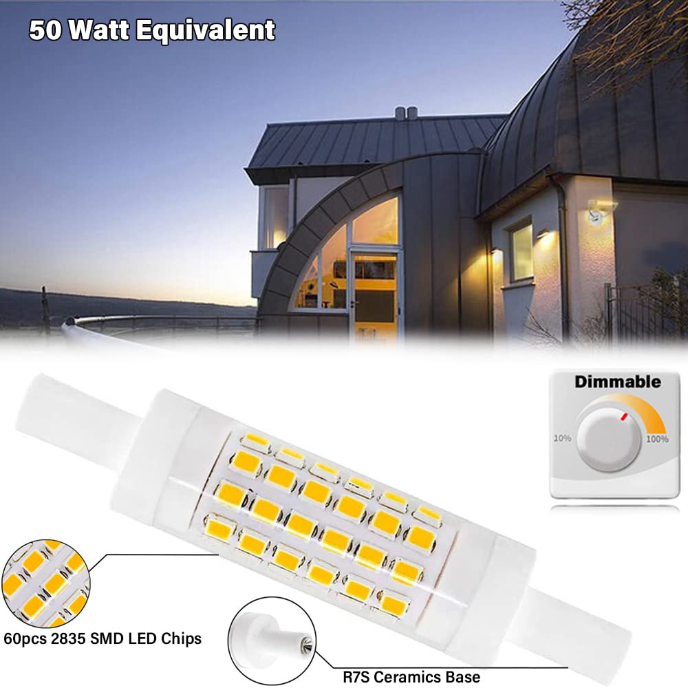 R7S - Bombilla LED de 78 mm, equivalente a 50 W, base de doble extremo de 5 W, luces de inundación J78, 600 lm, regulable, ángulo de haz de 360°, bombillas LED empotradas
