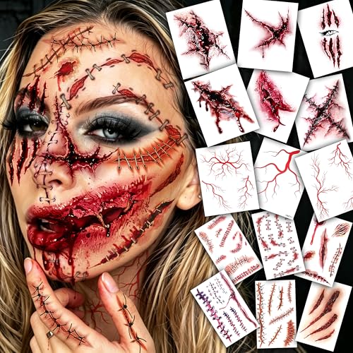 15 Sheets Scary Bloody Scar Tattoos For Halloween Temporary Tattoos For Men Women Adults, Realistic Fake Stitch Wound Blood Vessel Tattoo Sticker Halloween Costume Face Tattoos Vampire Zombie Makeup