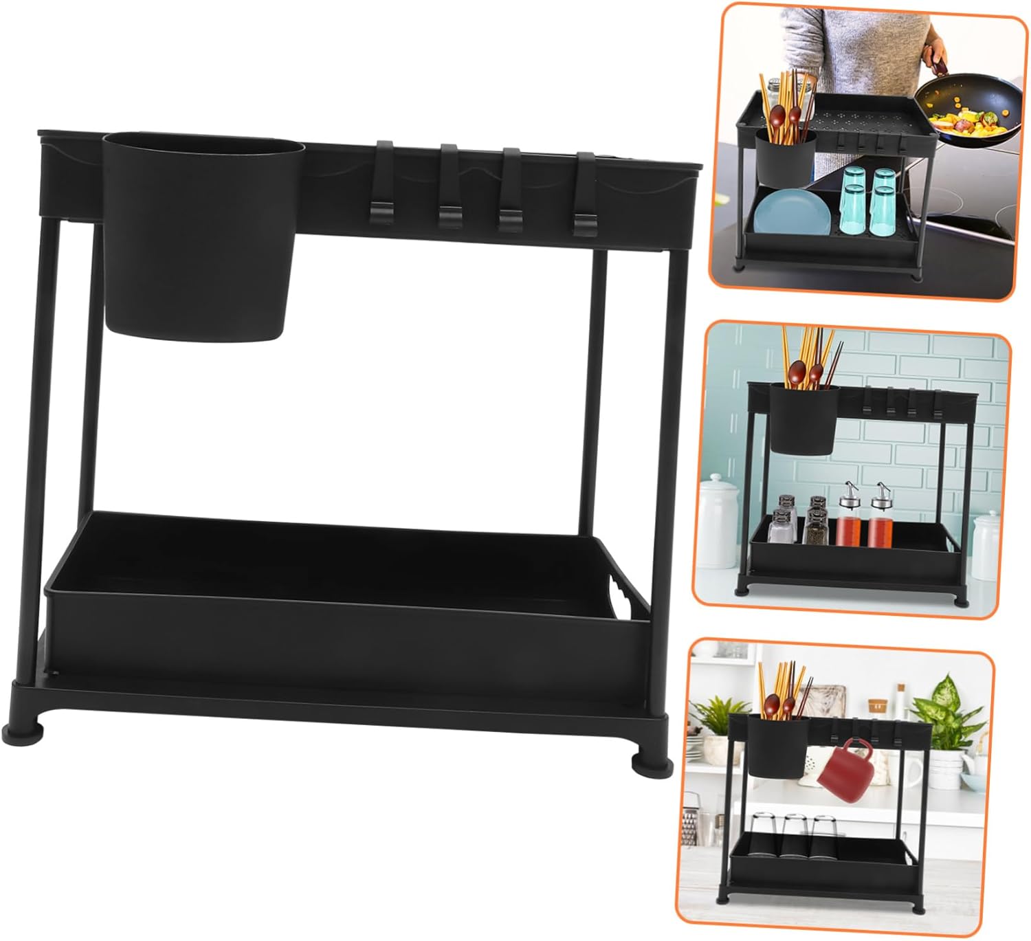 1set Sink Organizer Sliding Baskets Pull Out Storage Rack for Kitchen Bathroom and Laundry Room Material Ventilated Design Easy to Install Black