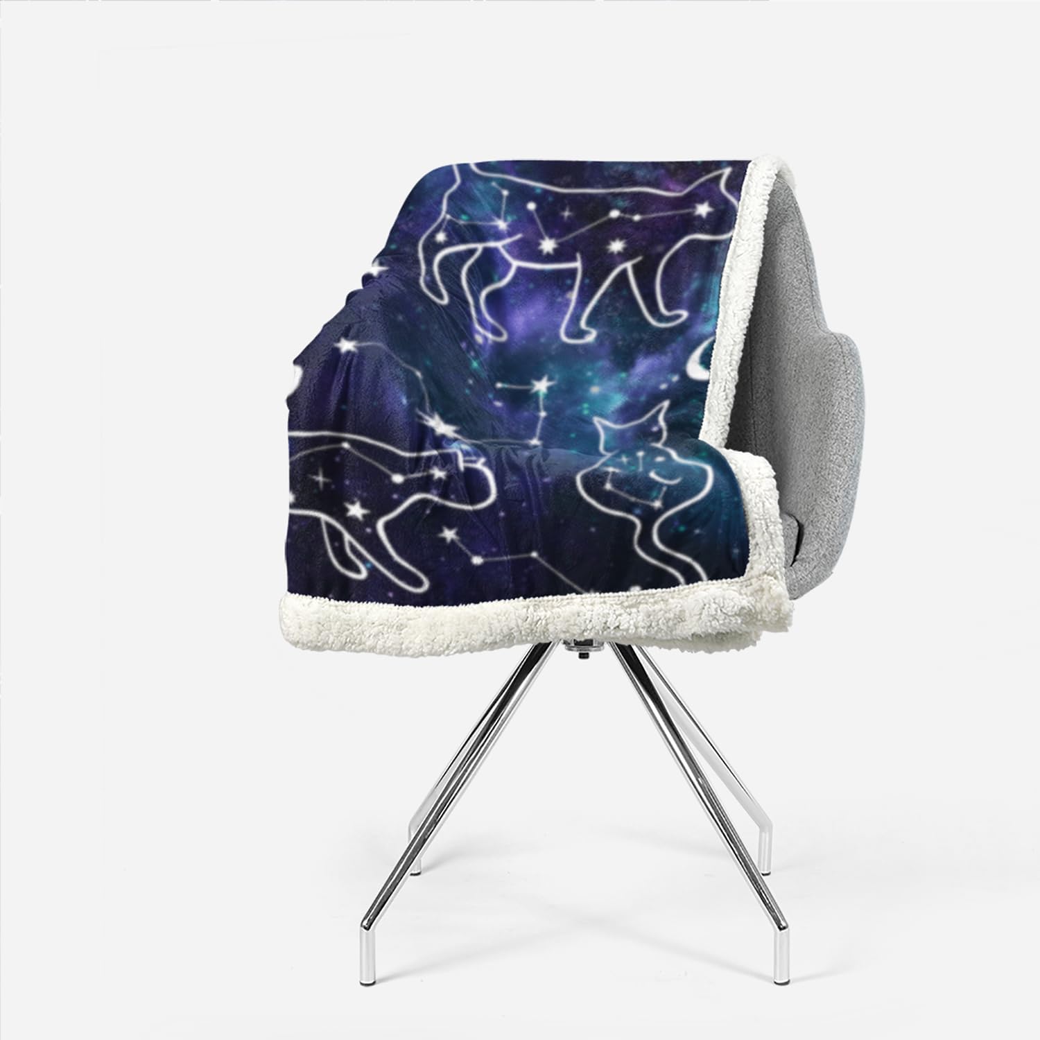 AILONEN Galaxy Cat Sherpa Fleece Blanket, Cartoon Stars Moon Plush Throw Blanket for Kids Boys Girls,Cute Constellation Kittens Soft Cozy Blanket All Season, 70 x 55 Inches