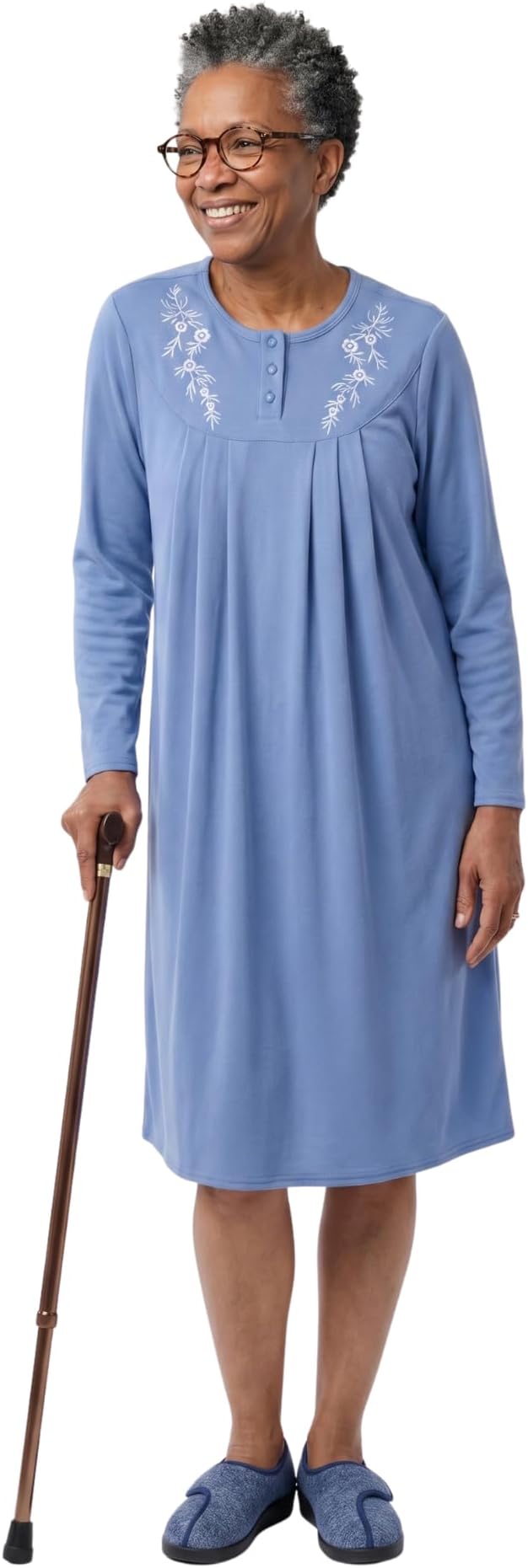 Women's Open Back Adaptive Home Care Nightgown with Crew Neck - Long Sleeve Embroidered Hospital Gown for Seniors