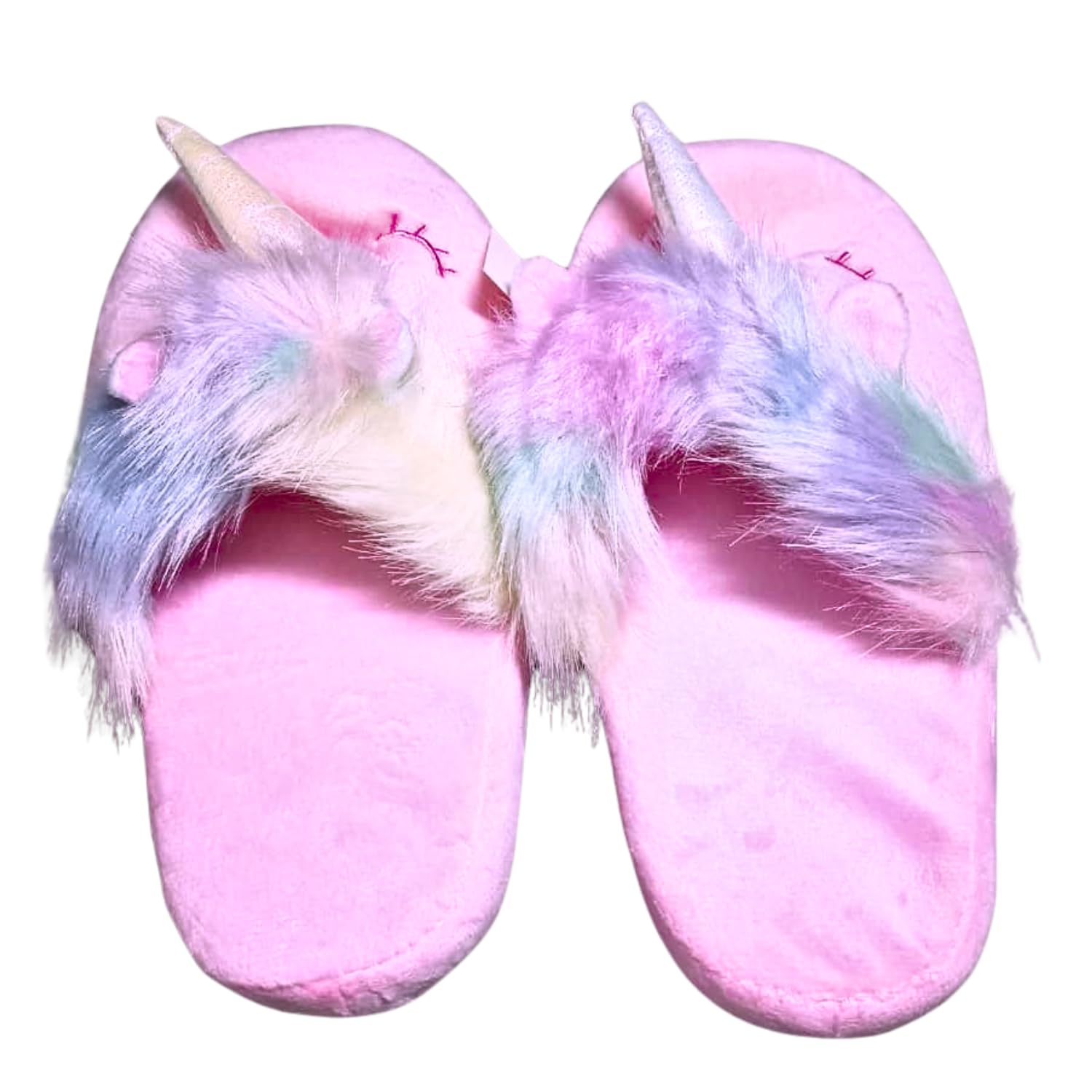 MPS® Kids Unicorn Plush Slippers (Pink/Blue) – Soft Fluffy Indoor Winter Slippers with Unicorn Horn & Rainbow Fur | Warm Anti-Skid House Slippers for Girls