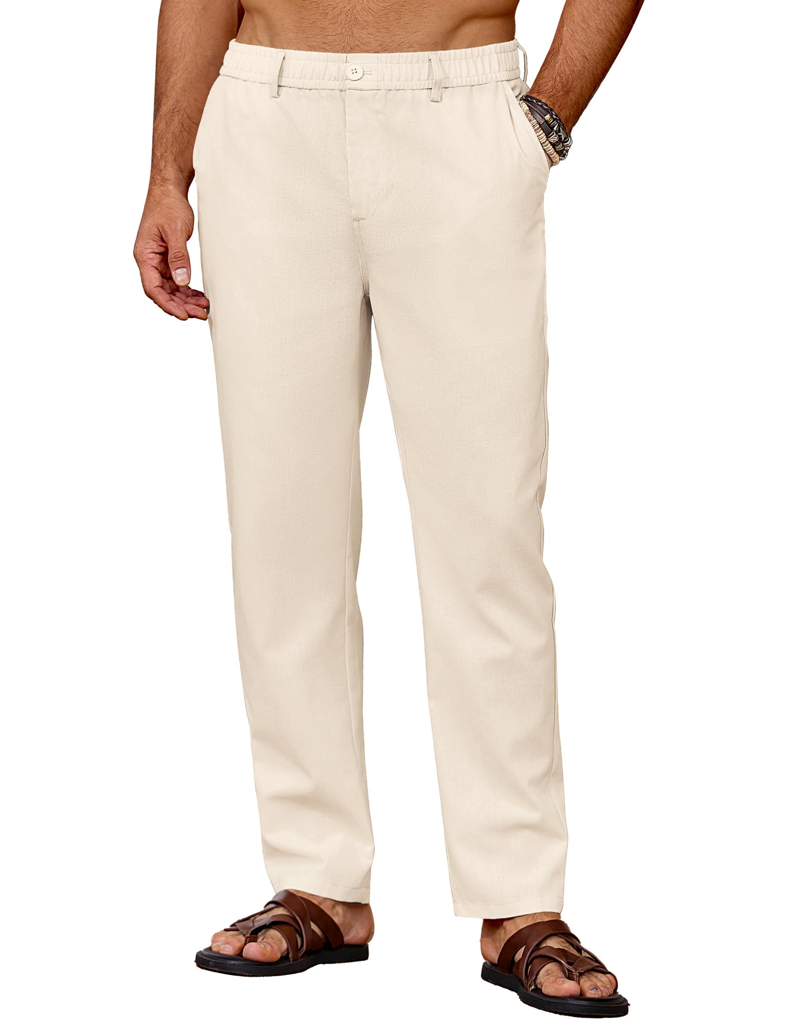 COOFANDY Herren Hose Lang Leichte Sommerhose Leinenhose Freizeithose Strandhose Einfarbig Herrenhosen mit Taschen Elastischer Bund