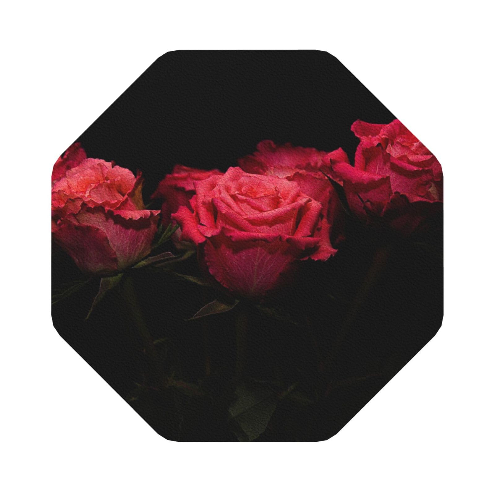 Red Rose and Black Leaves PU Leather Coasters Set of 6 Octagon Drink Coasters