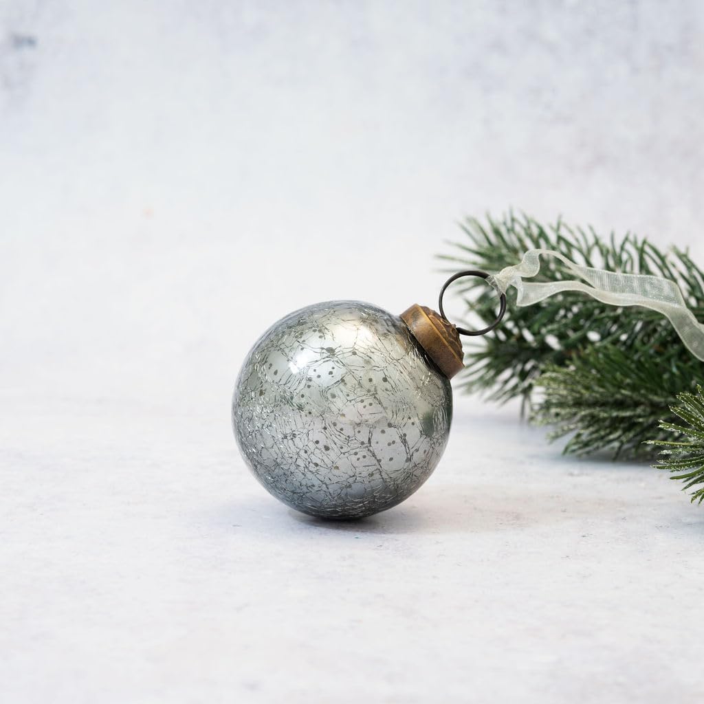 Arthur Cameron Slate - 2" Handcrafted Crackle Glass Tree Decorations (Approx 6Cm) - Mouthblown Glass Christmas Balls – Small Xmas Baubles With Bronze Caps & Organza Ties (Slate)