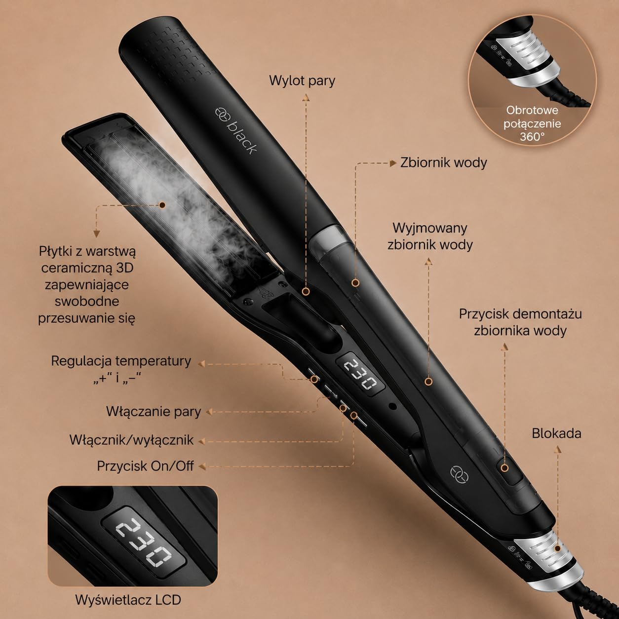 Prostownica parowa Golden Goods 2 w 1 - Prostowanie i kręcenie loków - Steampod Pro Black Edition - Profesjonalna prostownica parowa - 10 ustawień temperatury do 230ºC - Bardzo szerokie płytki