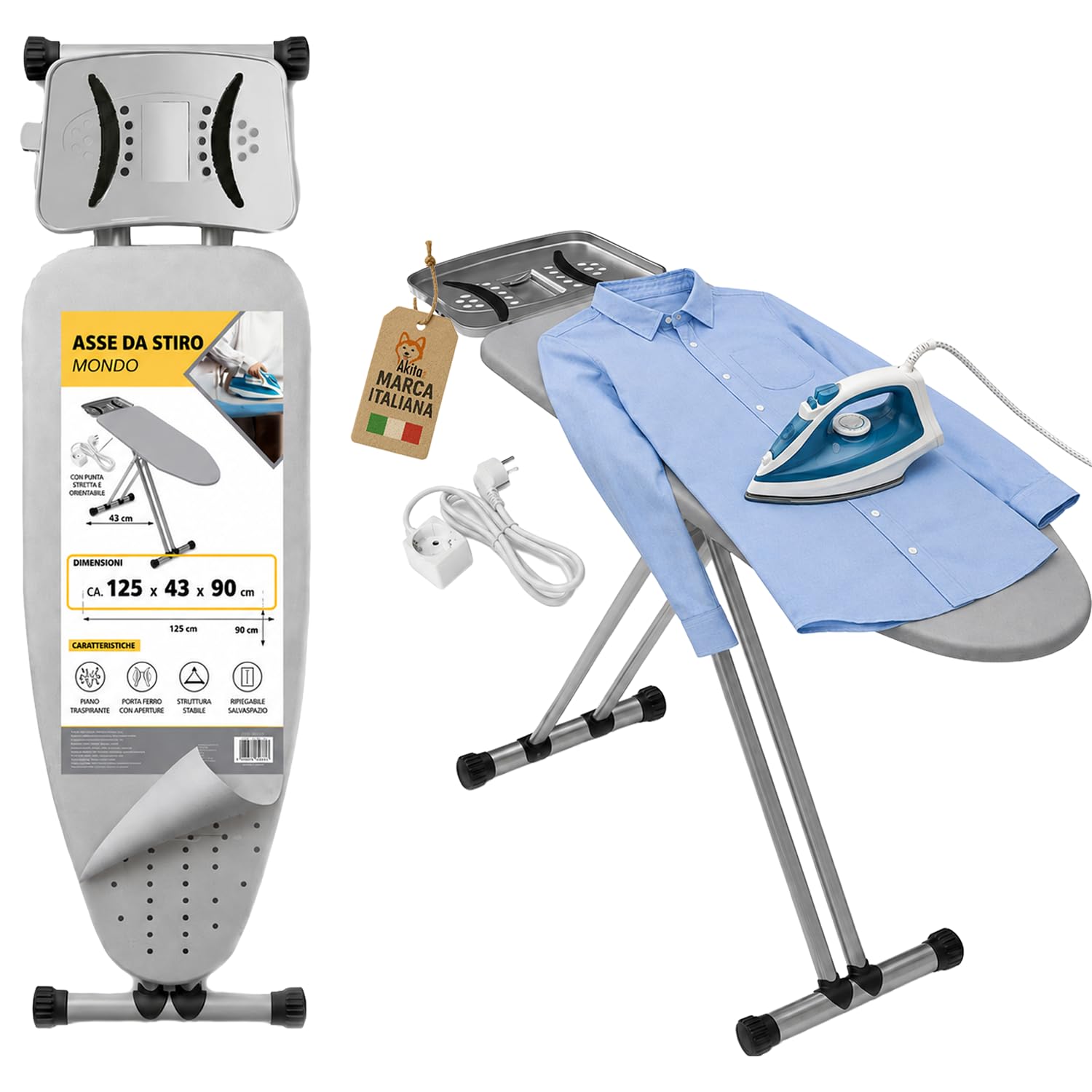 AkitaInk Asse da Stiro con Presa Integrata 125x43 cm, Tavolo da Stiro Pieghevole in Acciaio con Altezza Regolabile, Poggiaferro e Piedini Antiscivolo