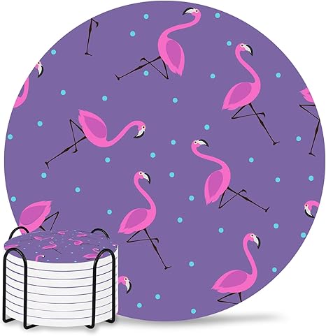 Amazon コースター 吸水カップマット おしゃれ 8枚 セット ホルダー付き フラミンゴ ピンク 手描き イラスト お茶パッド マグ パッド 茶托 コルク裏面 丸型 断熱 防水 速乾 滑り止め 家庭用 オフィス用 新築祝い 贈り物 コースター オンライン通販