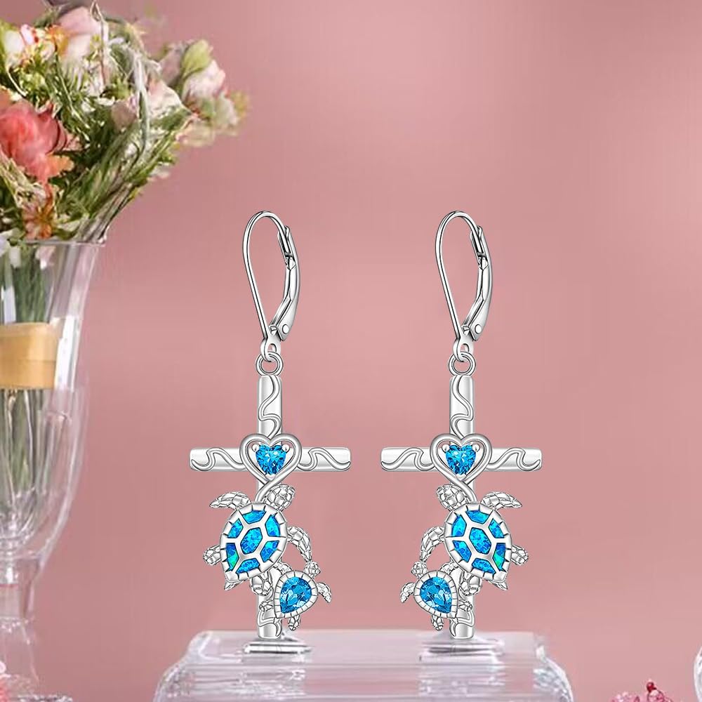 Sea Turtle Earrings for Women Sterling Silver Cross Wave Earrings Turtles Leverback Dangle Hawaii Jewelry Christmas Mothers Day Gifts - Image 8