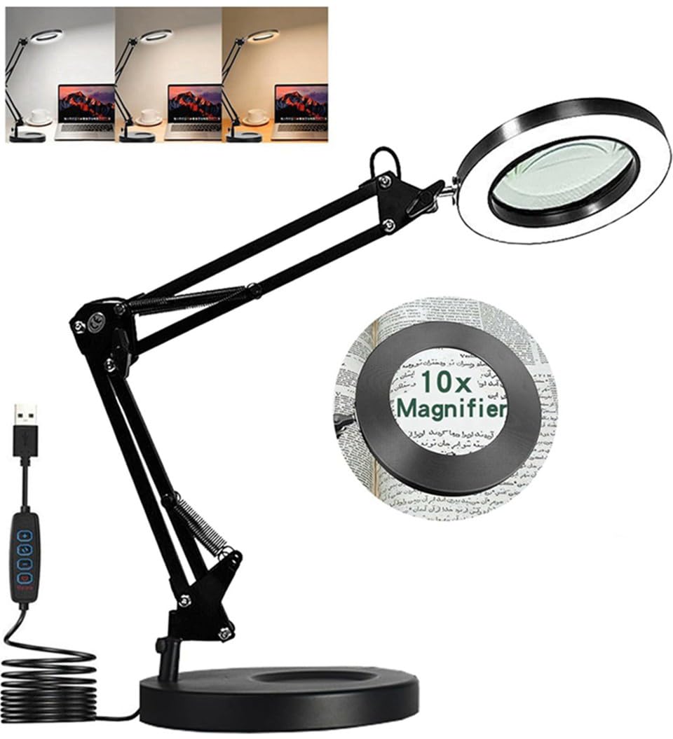 Coverzone Büyüteçli Masa Lambası USB Güç Bağlantılı 10X Büyütmeli LED Işıklı Masaüstü Lamba 360 Derece Dönebilen Başlıklı Ayarlanabilir Parlaklık Seviyeli Esnek Kollu Çalışma Lambası | FLB06