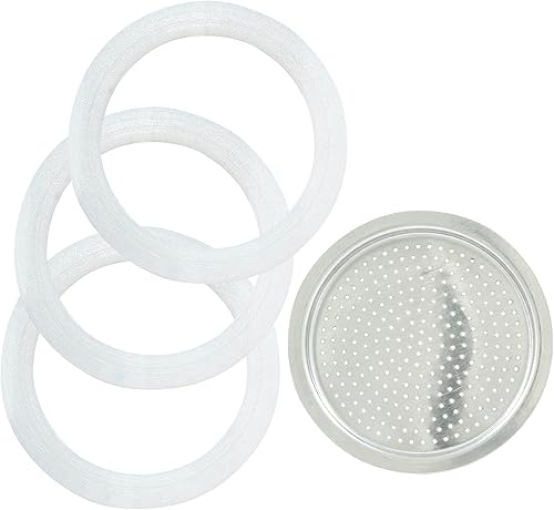 Waziaqoc Espresso Moka - Kit de embudo de repuesto de 2 tazas, 1 filtro de aluminio con 3 paquetes de sellos de junta de repuesto (filtro 1.9